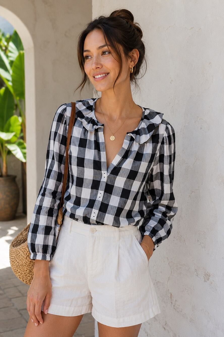 J.Crew Black White Gingham Ruffle V-Neck Button Front Cotton Blouse XS